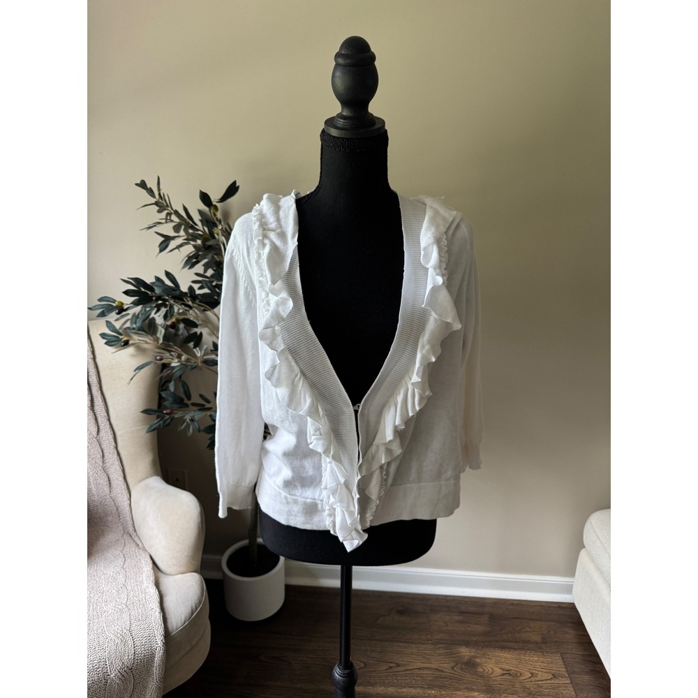 Cristina V White Ruffle Trim Hook Eye Closure Cardigan Sweater 3/4 Sleeve